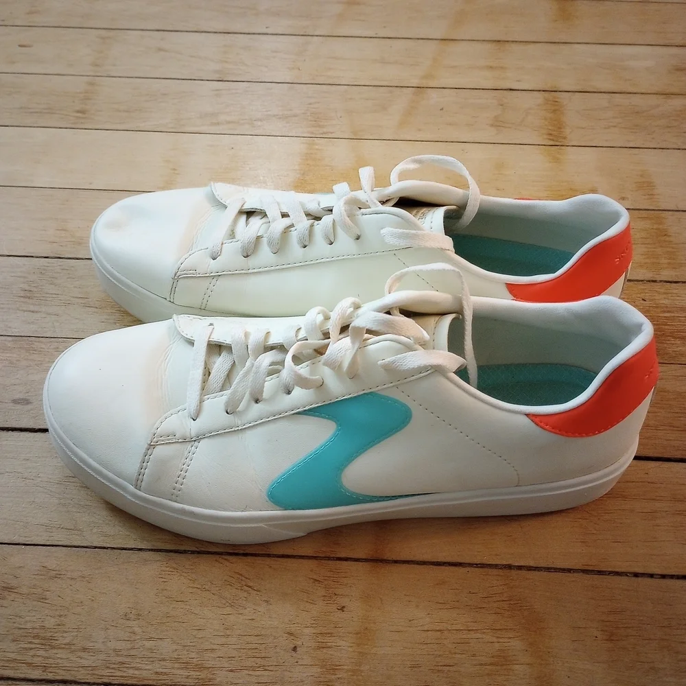 Skechers Eden LX Court Classics Off White With Coral Pink + Teal Accents Size 10